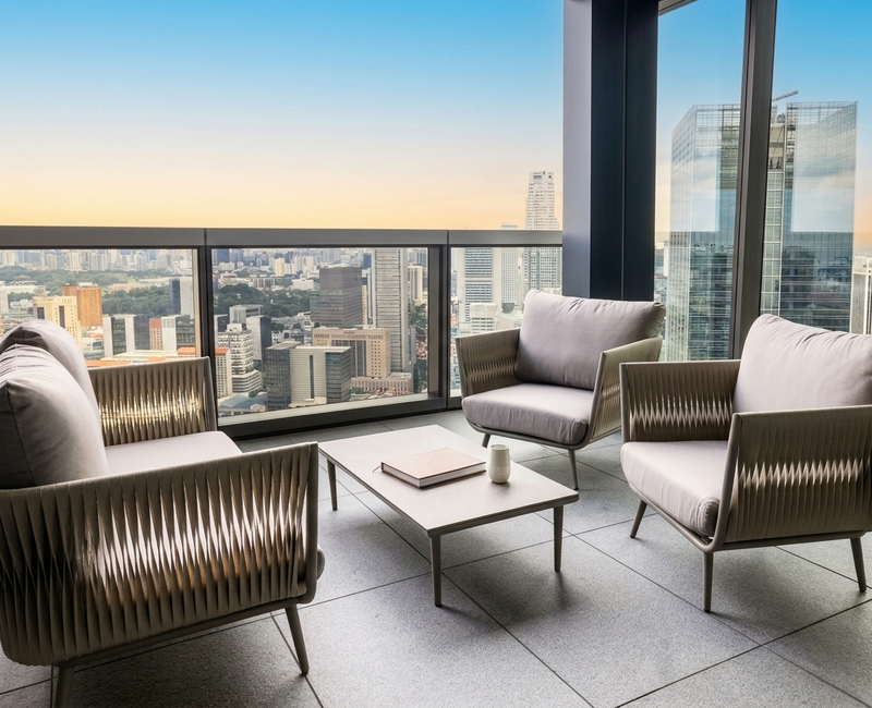 Modern outdoor furniture set with a city skyline view